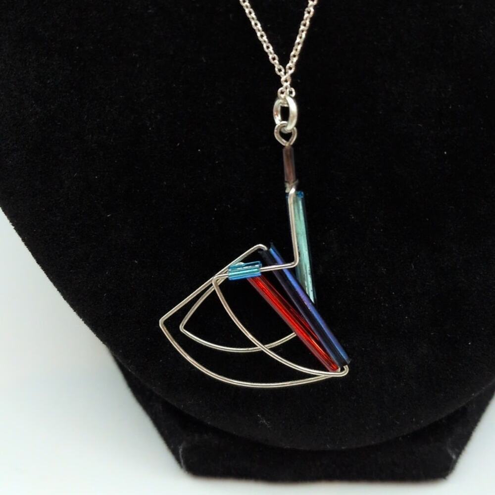 Barbie Levy Sterling Silver 925 Barb-Wire Geometric Art Colorful Glass Necklace - Picture 2 of 7